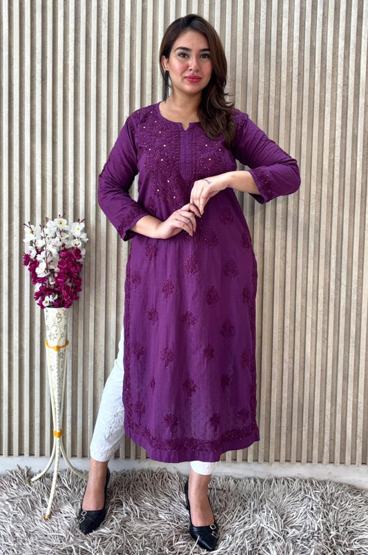 Purple Exquisite Lucknow Chikankari Mukesh Work Kurti Set