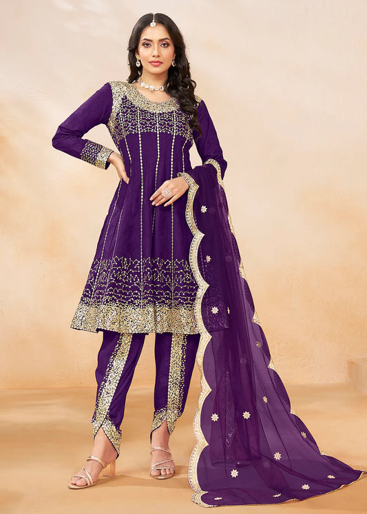 Purple Dhoti Style Punjabi Salwar Suit with Zari & Sequins Embroidery