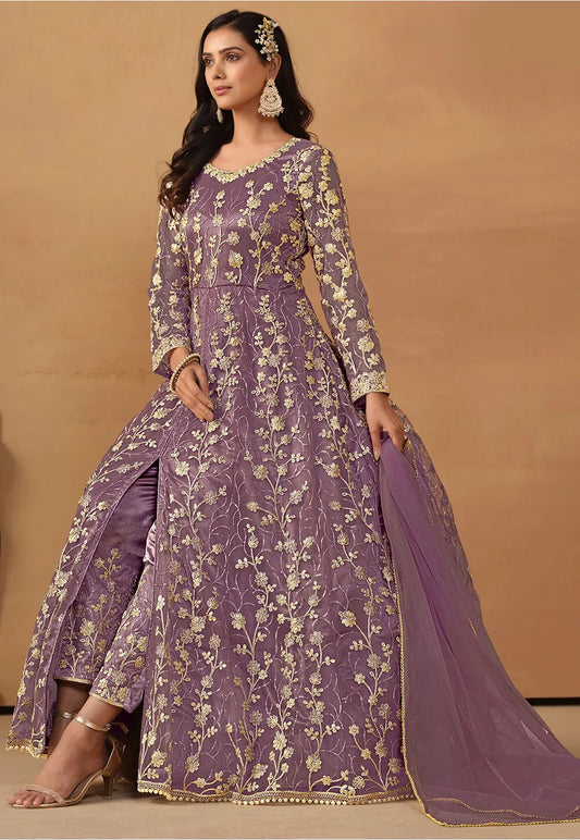 Purple Front Slit Anarkali Salwar Kameez with Embroidery and Stone Work