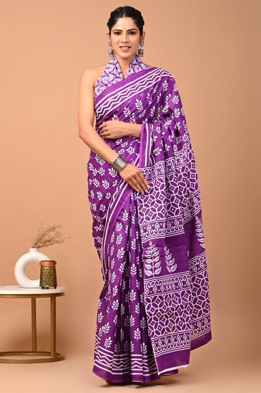 Purple Ajrakh Cotton Mul Handblock Print Saree with Ready-to-Wear Blouse Set