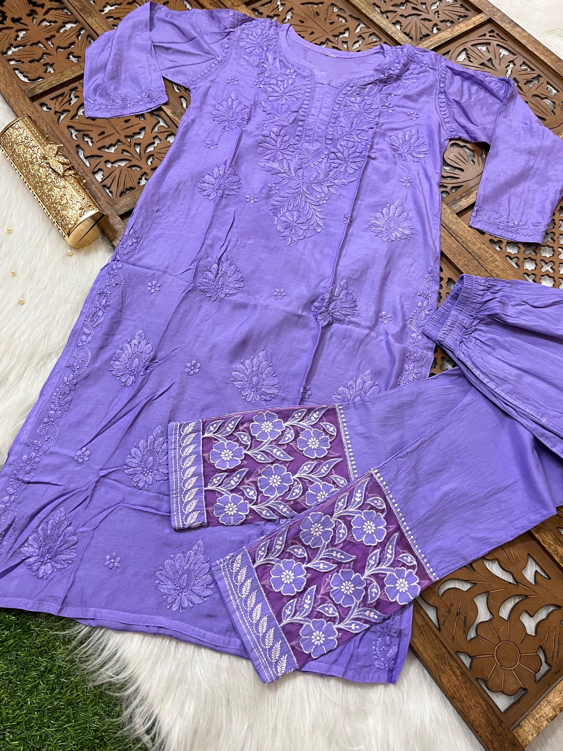 Purple Handcrafted Lucknow Chikankari Muslin Coord Set