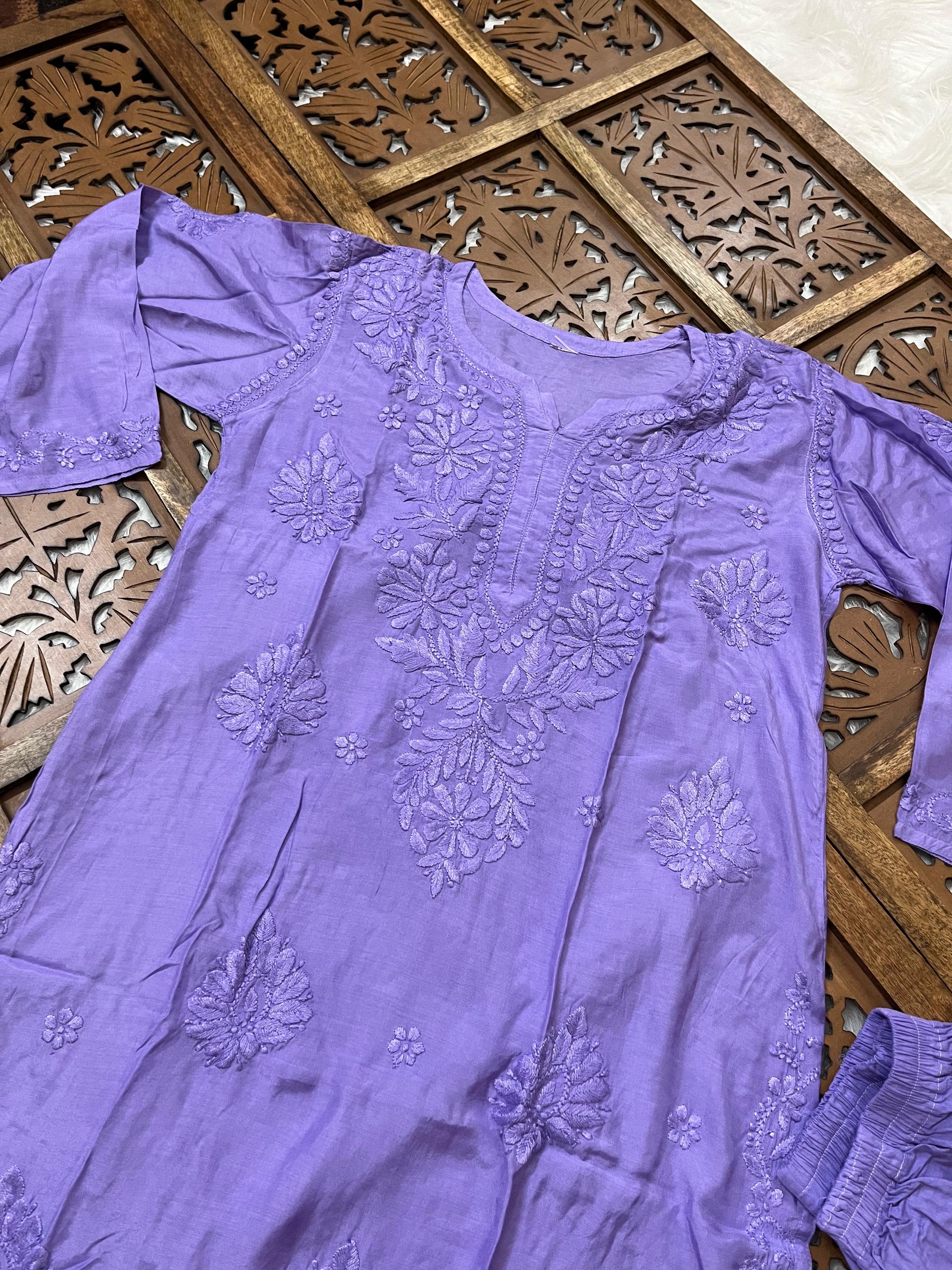 Purple Handcrafted Lucknow Chikankari Muslin Coord Set