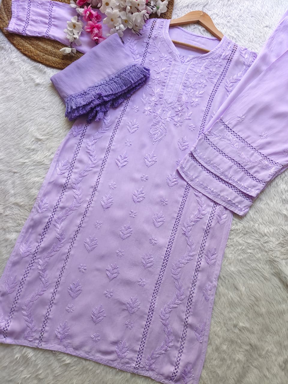 Lavendar Aura Luxe: Premium Rayon 3-Piece Lucknowi Chikankari Ensemble