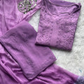 Purple Ombre Elegance: Handcrafted Lucknowi Chikankari Rayon 3-Piece Set with Dupatta