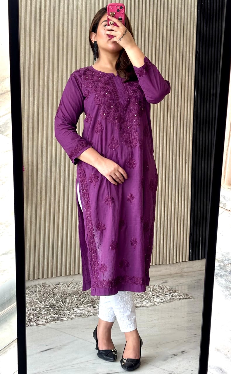 Purple Exquisite Lucknow Chikankari Mukesh Work Kurti Set