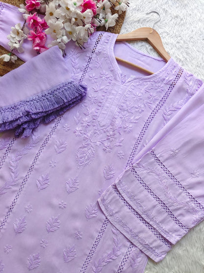 Lavendar Aura Luxe: Premium Rayon 3-Piece Lucknowi Chikankari Ensemble
