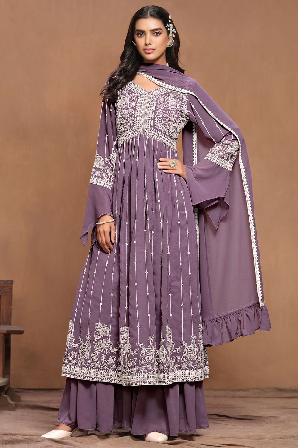 Purple Elegant Party Wear Salwar Palazzo Kameez with Dupatta