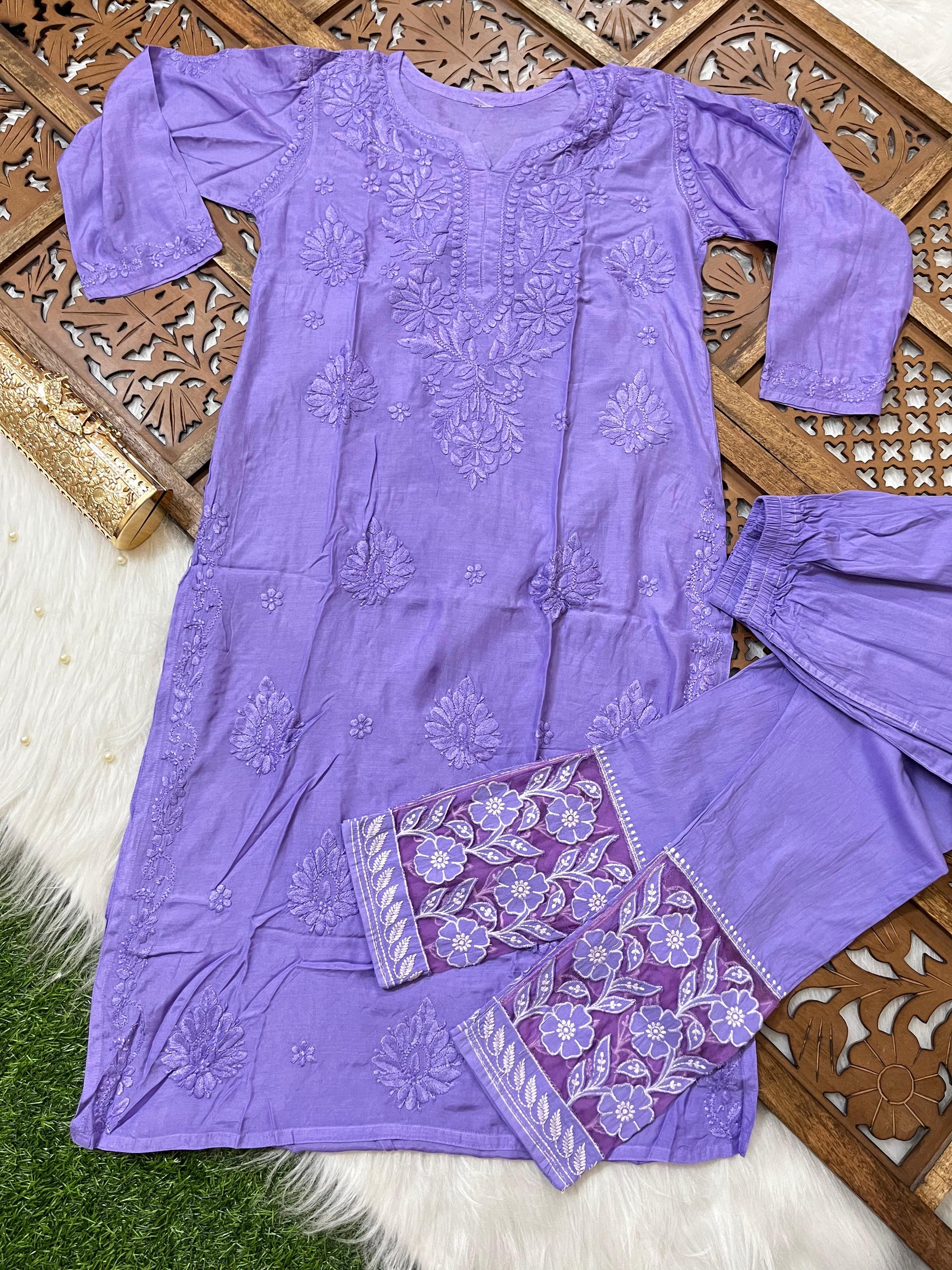 Purple Handcrafted Lucknow Chikankari Muslin Coord Set