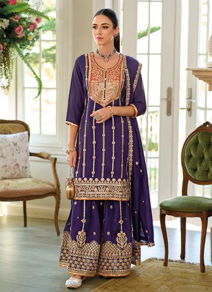 Purple Embroidered Wedding Sharara Suit with Gharara Palazzo and Silk Dupatta