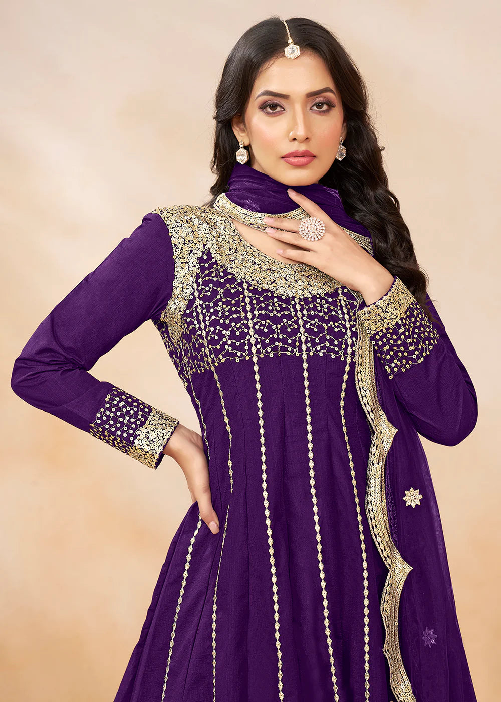 Purple Dhoti Style Punjabi Salwar Suit with Zari & Sequins Embroidery