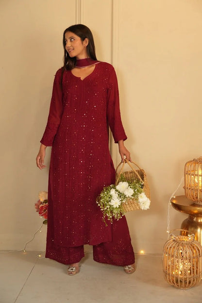 Maroon Ethereal Chikankari & Mukaish Work Ensemble