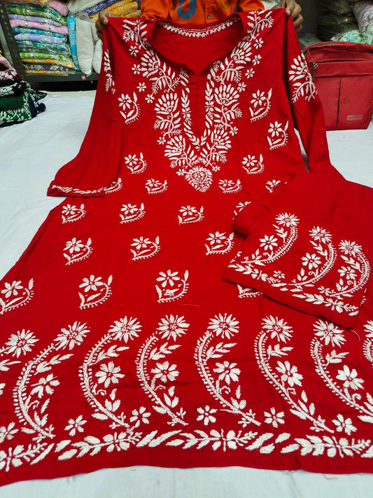Radiant Red Rayon Kurti and Pant Set Adorned with Detailed Lucknowi Chikankari and Ghaas Patti Handwork - Inayakhan Shop 