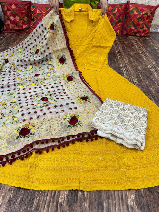Radiant Yellow Anarkali Set with Playful Pom Pom Dupatta Adorned with Sequence Work and Zari-Embroidered Chikan Palazzo. - Inayakhan Shop 