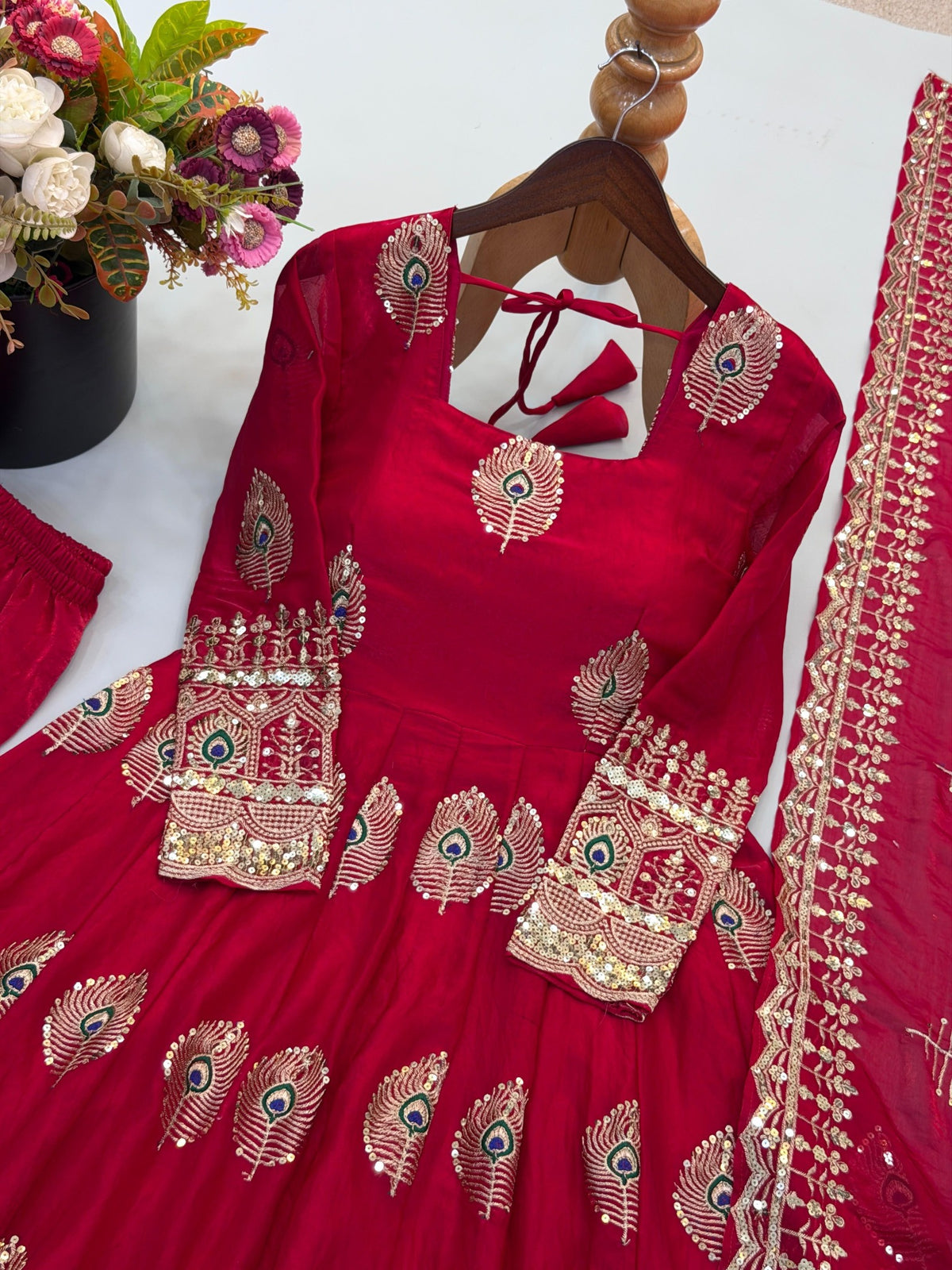 Rani pink Anarkali gown neckline and sleeve embroidery detail