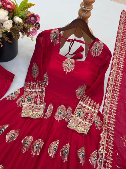 Rani pink Anarkali gown neckline and sleeve embroidery detail