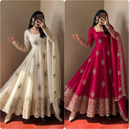 Rani pink and ivory Fandy silk embroidered Anarkali gown colour options