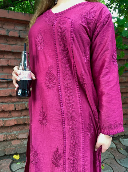 Rani pink chikankari lace kurti floral embroidery close-up