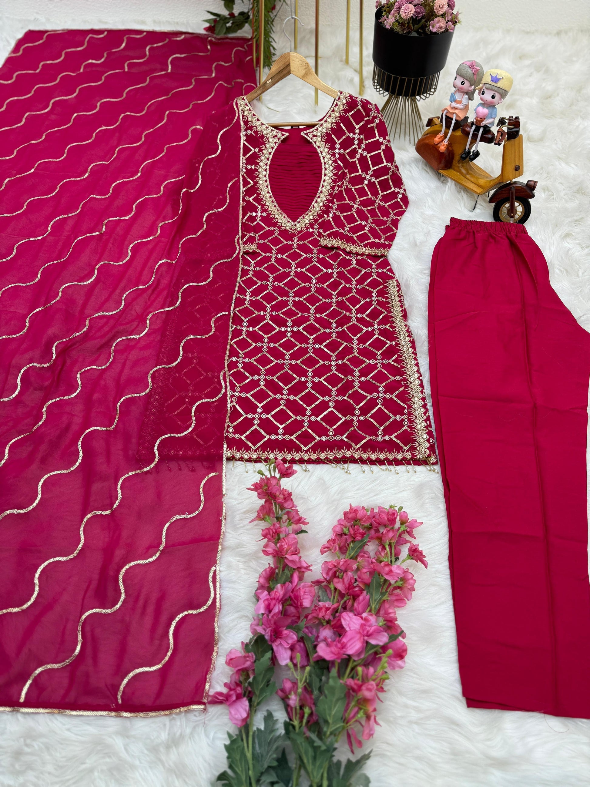 Rani Pink Elegant Georgette Sequins Embroidery Top and Micro Silk Pant Set with Dupatta - Inayakhan Shop 