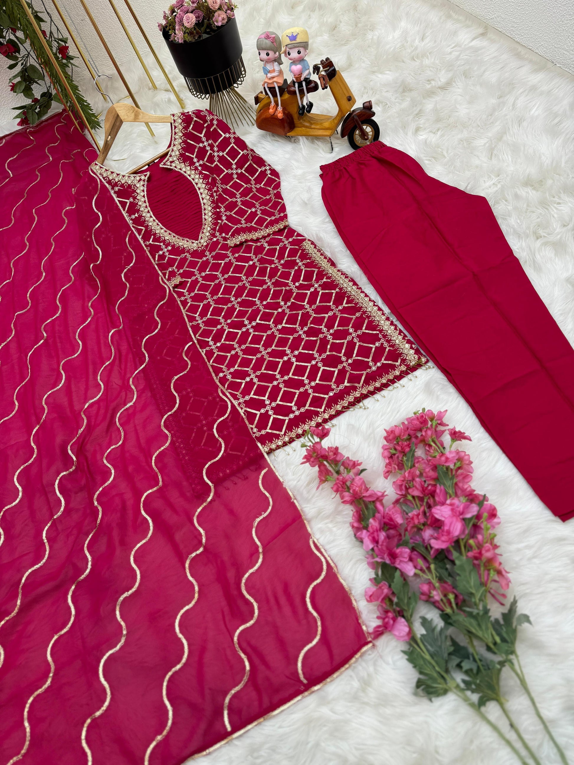 Rani Pink Elegant Georgette Sequins Embroidery Top and Micro Silk Pant Set with Dupatta - Inayakhan Shop 