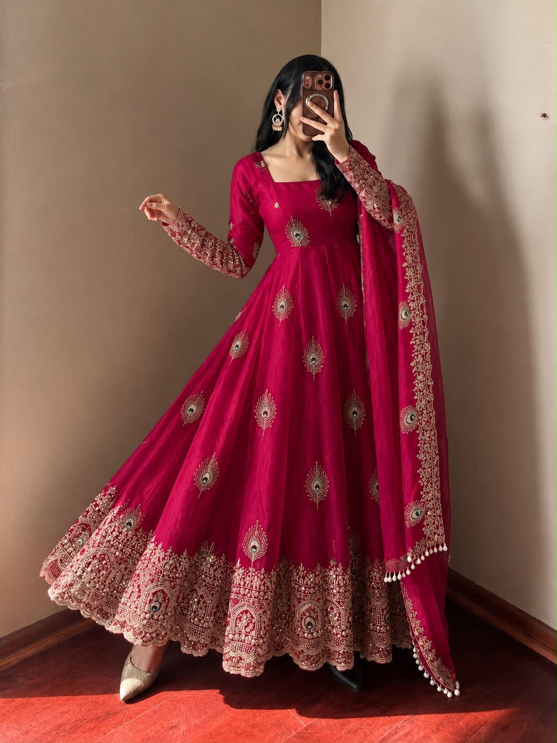 Rani pink Fandy silk embroidered Anarkali gown with dupatta – front view