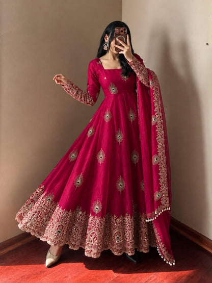 Rani pink Fandy silk embroidered Anarkali gown with dupatta – front view