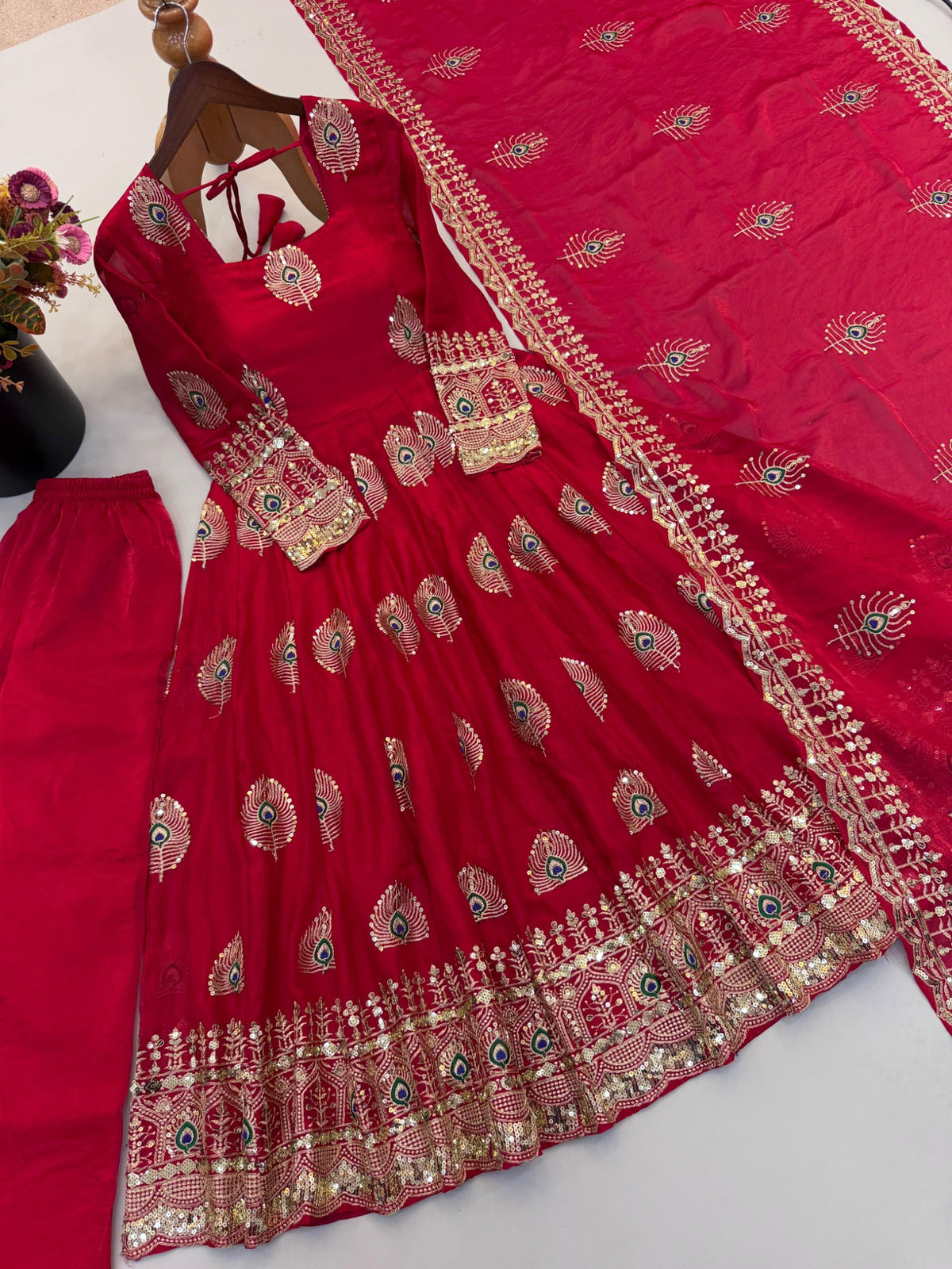 Rani pink Fandy silk gown, pant and embroidered dupatta set