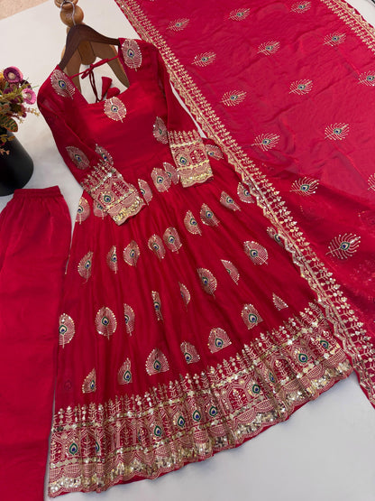 Rani pink Fandy silk gown, pant and embroidered dupatta set