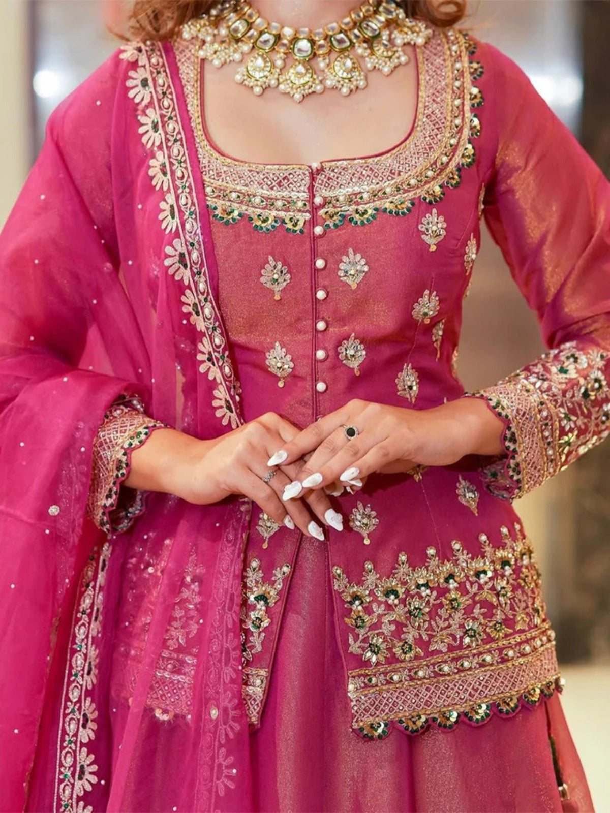 Rani pink long choli pearl buttons and embroidery