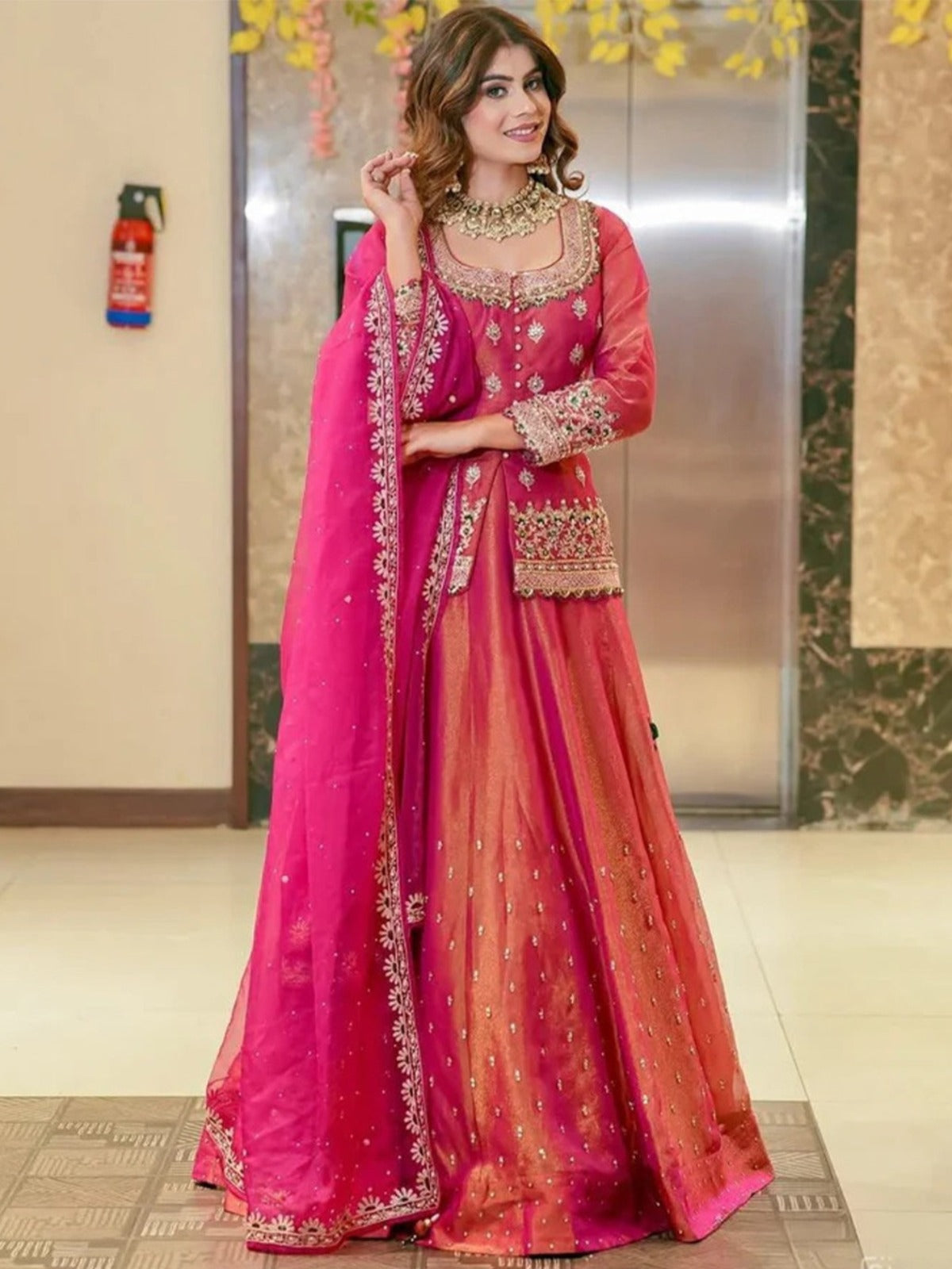 Rani pink premium Fendi long choli lehenga set front view