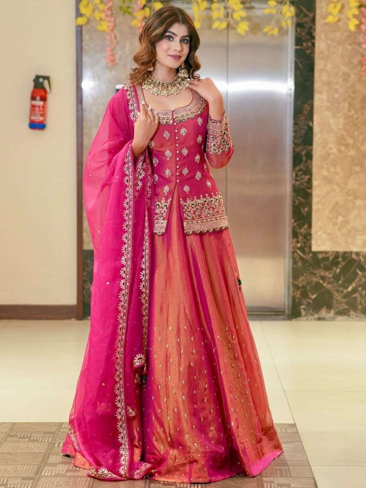 Rani pink long choli lehenga set full length