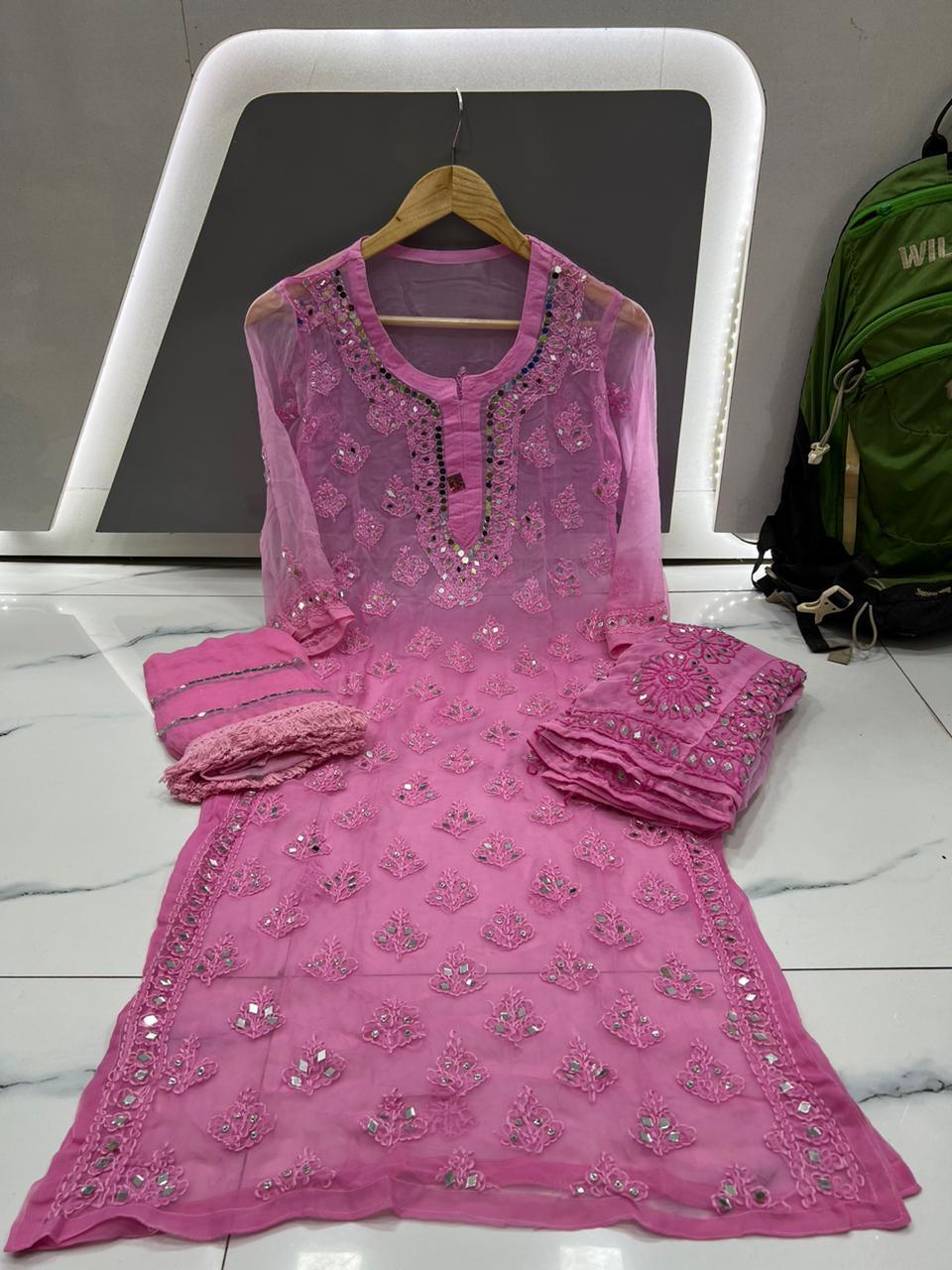 Rani Pink Green Chikankari Elegance Ombré Mirror Booti Jaal Set Kurti, Sharara & Dupatta - Inayakhan Shop 