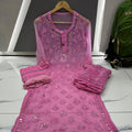 Rani Pink Green Chikankari Elegance Ombré Mirror Booti Jaal Set Kurti, Sharara & Dupatta