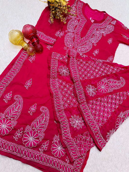 Rani Pink Lucknawi Chikankari Georgette Kurti and Sharara Set , Dupatta and Inner Included - Inayakhan Shop 