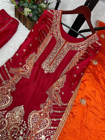 Close-up of gold embroidery and sequin work on Rani pink Chinon silk kurti