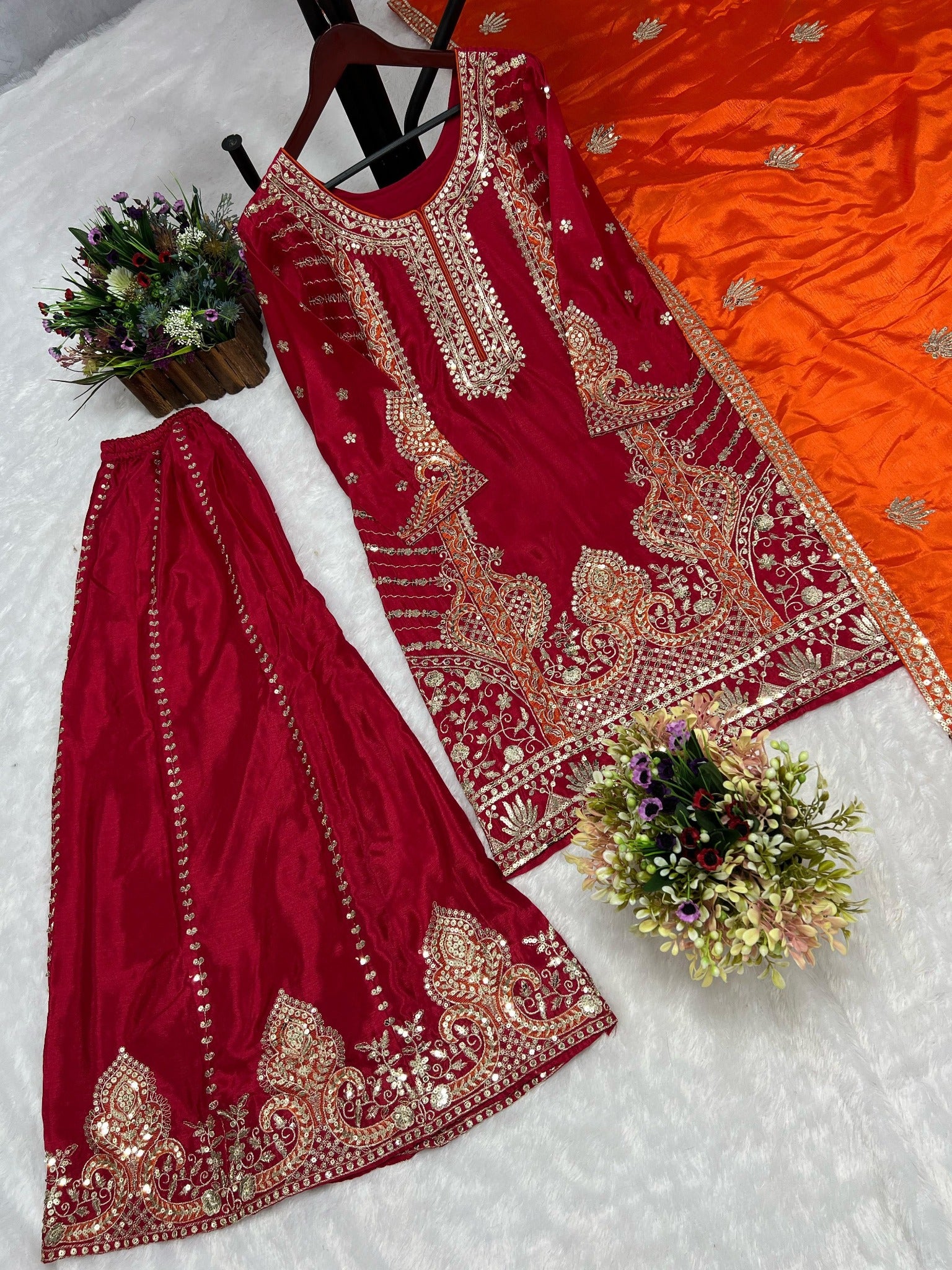 Rani pink and orange Chinon silk kurti palazzo dupatta set flat lay