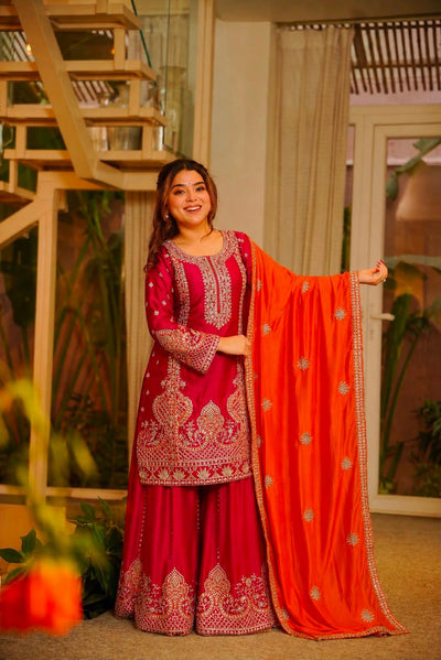 Rani Pink & Orange Embroidered Chinon Silk Kurti Palazzo Set