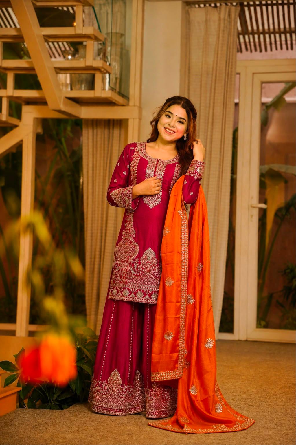 Rani pink ready-to-wear kurti palazzo set styled with orange dupatta