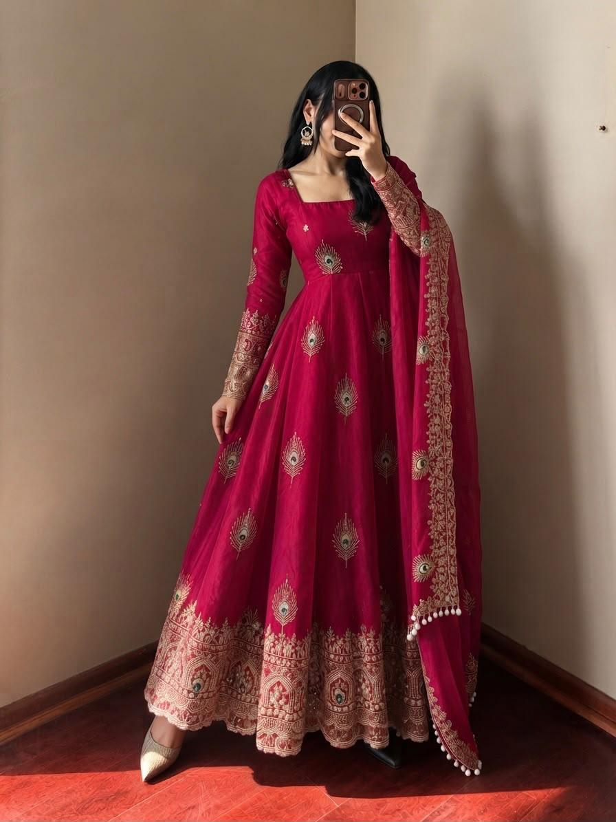 Rani pink party wear Anarkali gown set – full-length view