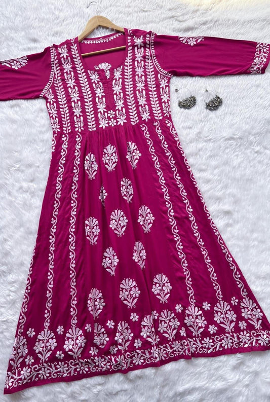 Rani Pink Party Wear Long Modal Heavy Chikankari Handwork A-Line Gown - Inayakhan Shop 