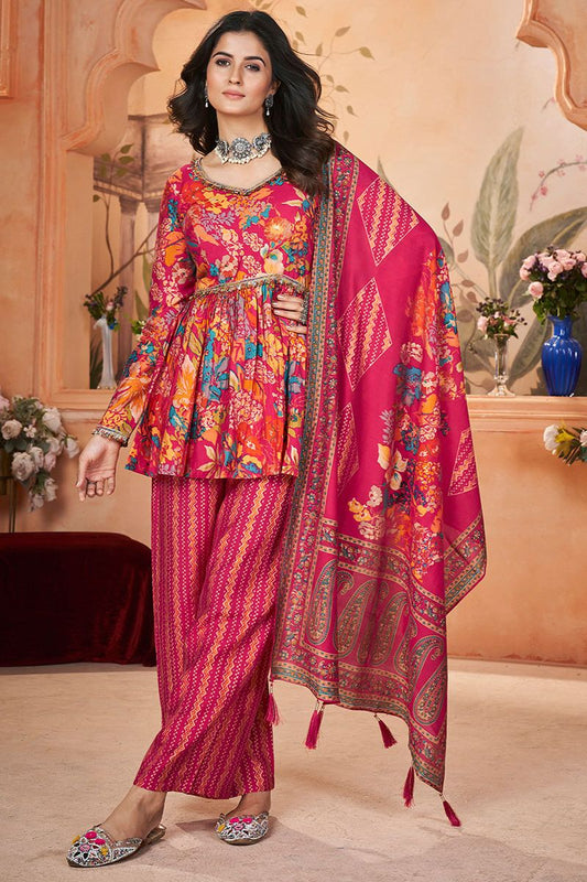 Pink Silk Digital Print and Foil Work Palazzo Kameez with Dupatta