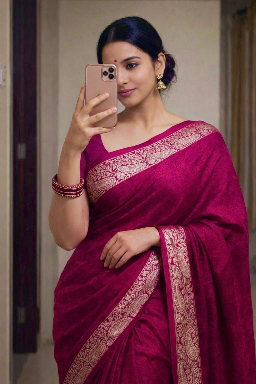 Rani pink Viscose Chinon woven saree with gold Banarasi border – model view