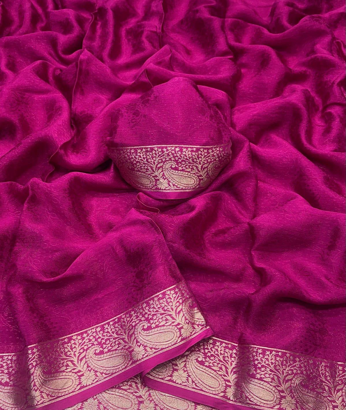 Rani pink Viscose Chinon saree with gold Banarasi woven border and blouse
