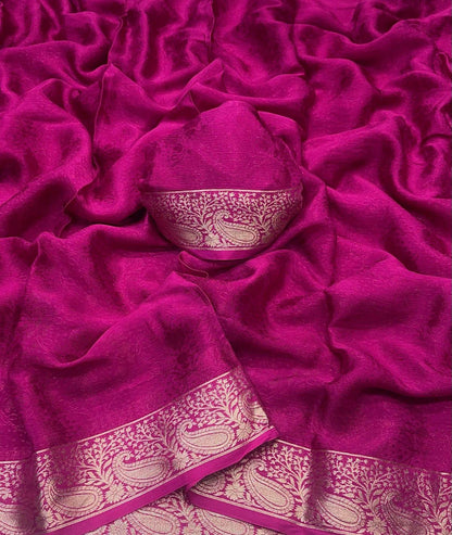 Rani pink Viscose Chinon saree with gold Banarasi woven border and blouse