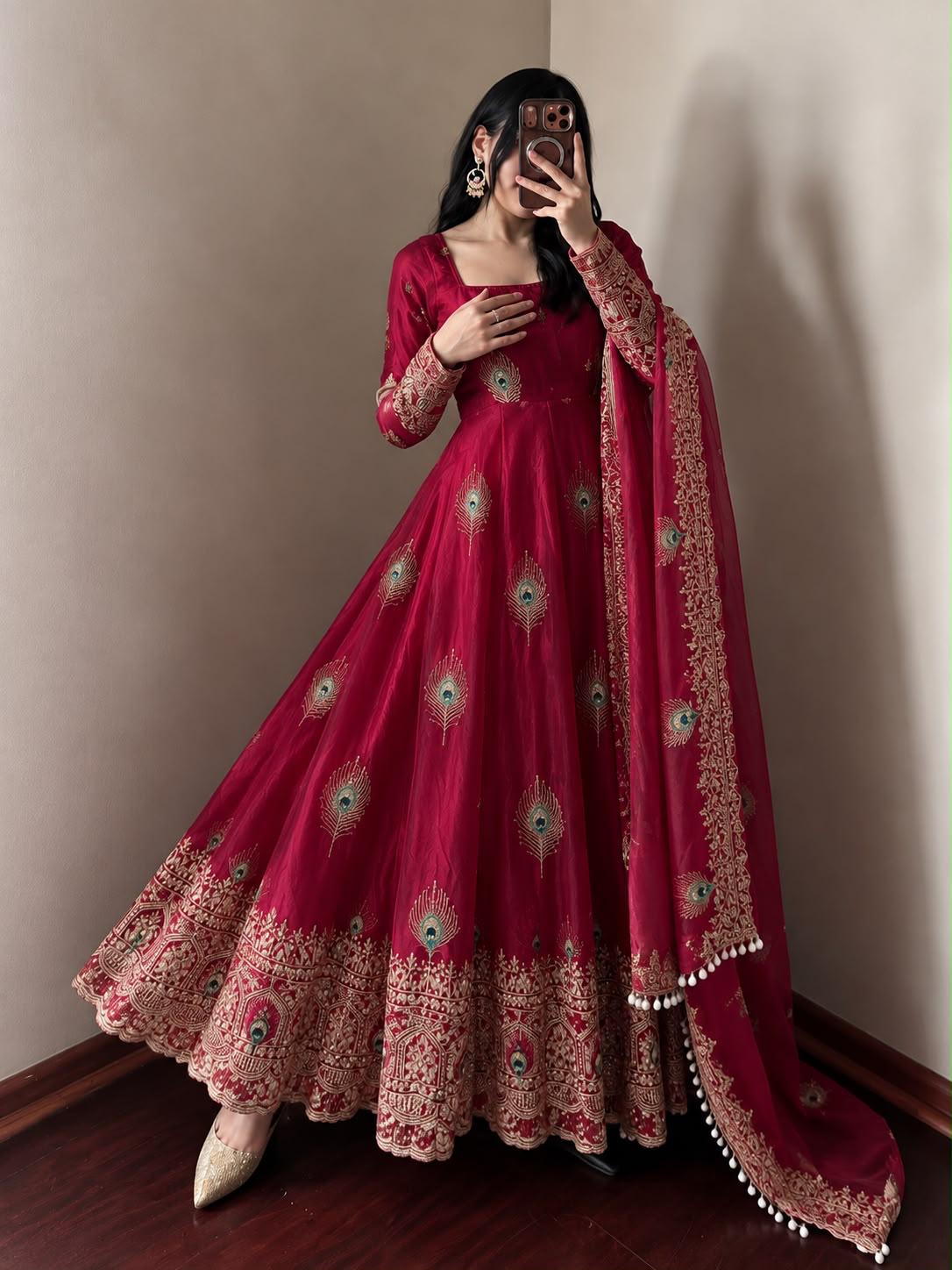 Rani pink zari and sequin embroidered Anarkali gown – side view