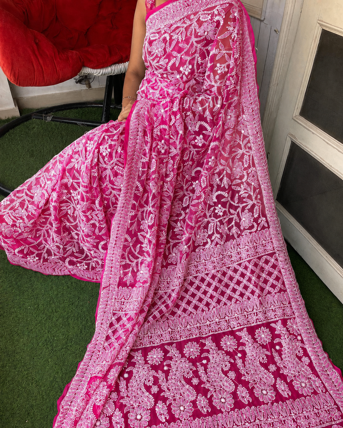 Rani Pink Color Full Jaal Chikankari Saree by Inayakhan (New)