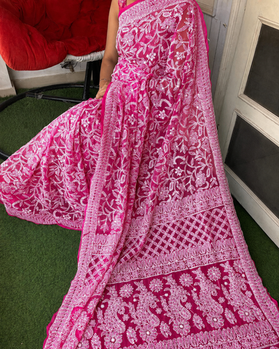 Rani Pink Color Full Jaal Chikankari Saree by Inayakhan (New)
