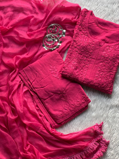Pink Premium Rayon Chikankari Kurta Palazzo Dupatta Set | Hand Embroidered with Mukesh Work