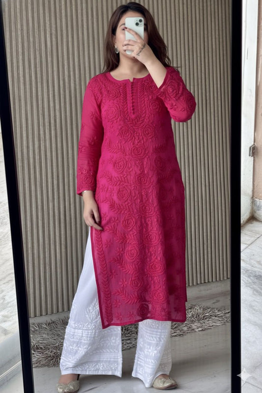 Rani Pink Lucknowi Chikankari Rose Viscose Georgette Kurta Set
