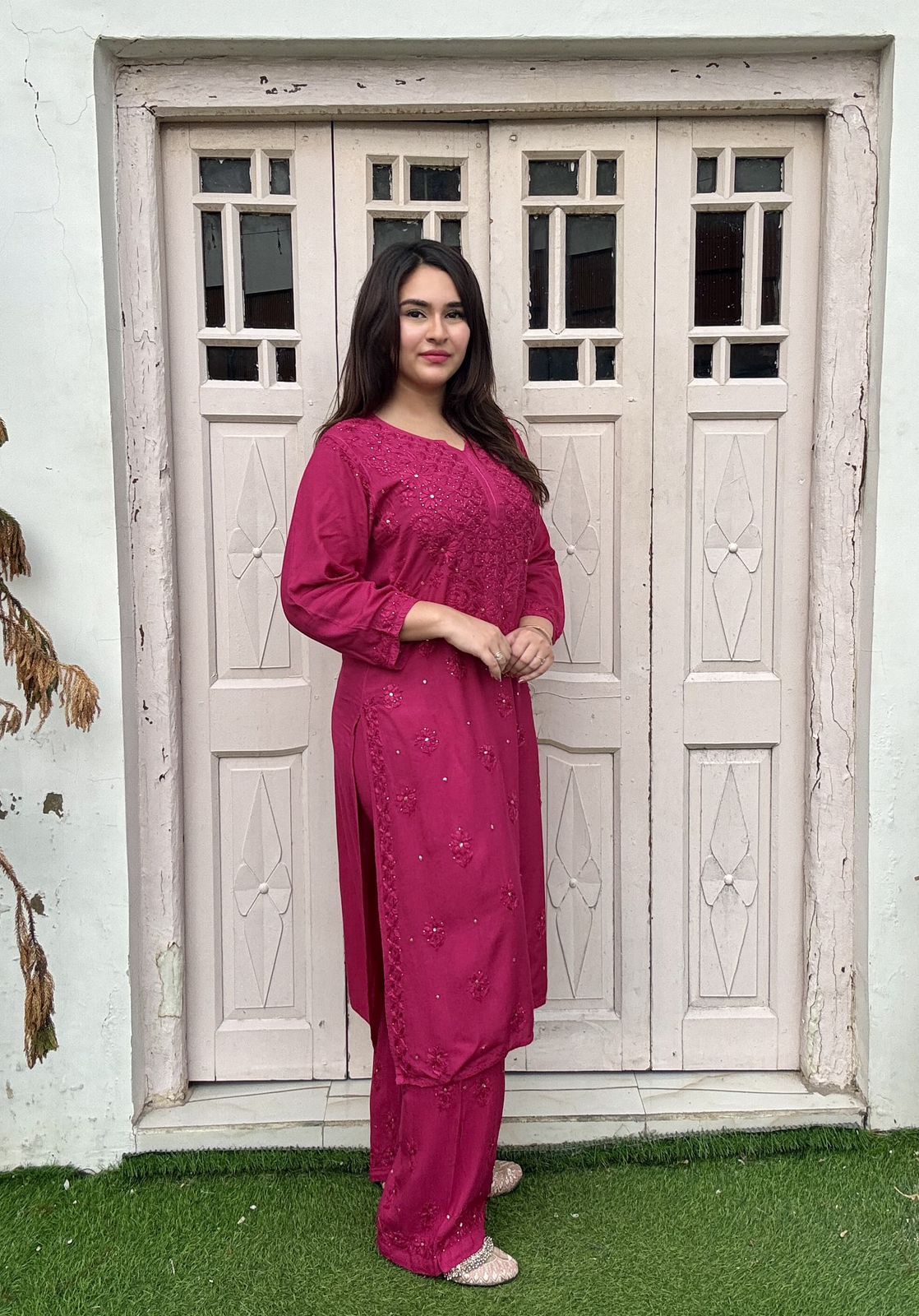 Rani Pink Lucknow Chikankari Cotton Kurti with Palazzo Set & Mukesh Work