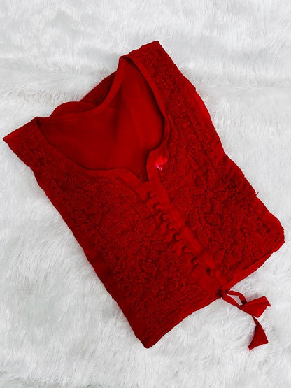 Ravishing Red Georgette Short Kurti: Anabiya Style Chikan Elegance - Inayakhan Shop 